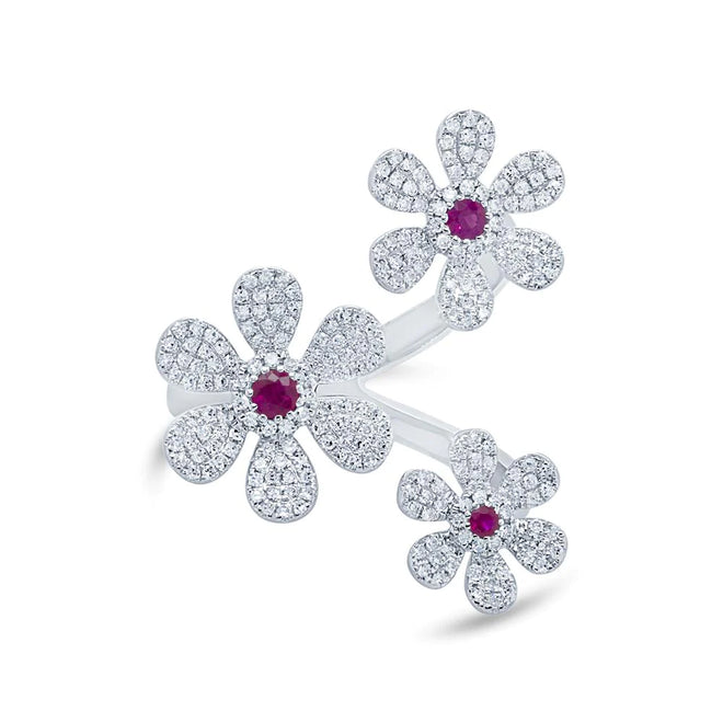 14K White Gold Diamond & Ruby Flower Ring - Queen May