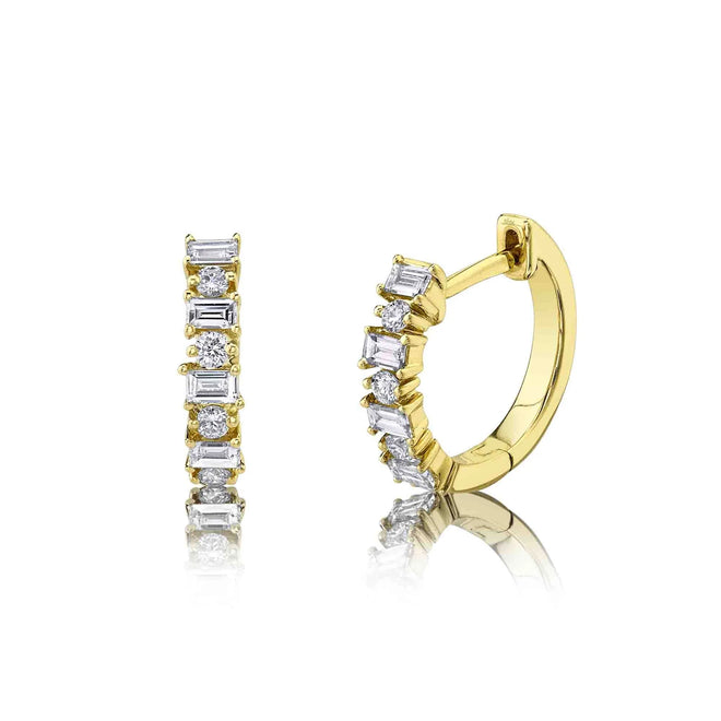 14K Yellow Gold Diamond Baguette Huggie Earrings - Queen May