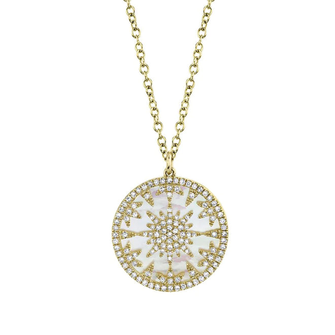 14K Yellow Gold 2.88 Carat Mother Of Pearl & Diamond Circle Pendant Necklace - Queen May