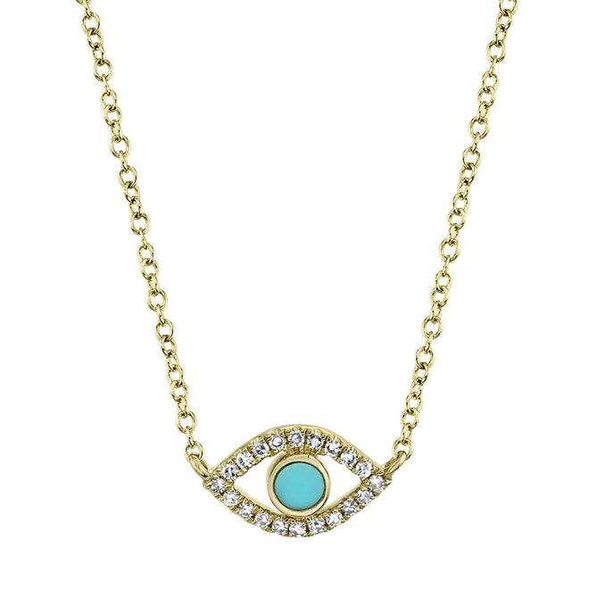 14K White, Yellow, or Rose Gold Turquoise & Diamond Evil Eye Pendant Necklace - Queen May
