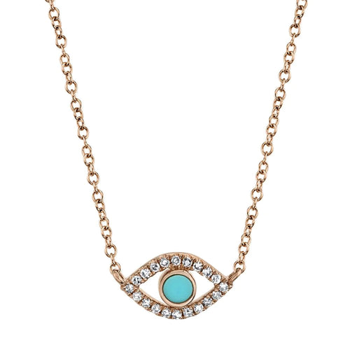 14K White, Yellow, or Rose Gold Turquoise & Diamond Evil Eye Pendant Necklace - Queen May