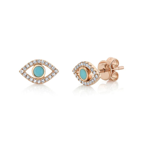 14K White, Yellow, or Rose Gold Turquoise & Diamond Evil Eye Stud Earrings - Queen May