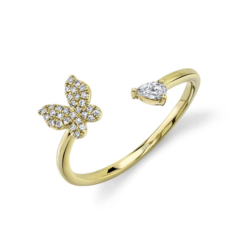 14K Yellow Gold Diamond Pear Butterfly Ring - Queen May
