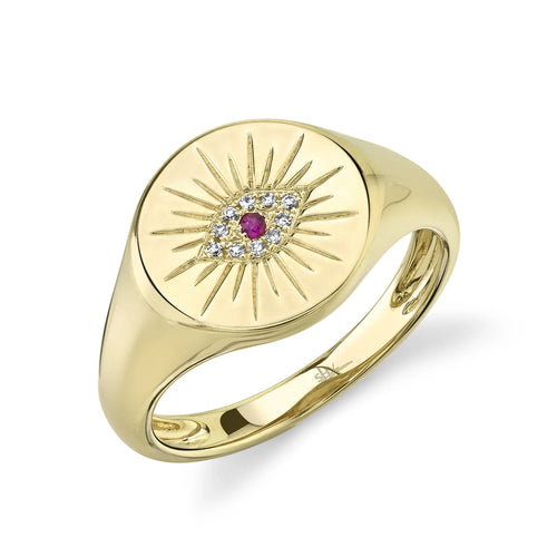 14K Yellow Gold Ruby & Diamond Evil Eye Signet Ring - Queen May