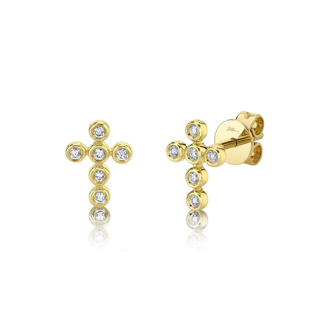 14K Gold 0.11 Carat Diamond Bezel Cross Stud Earrings - Queen May