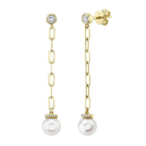14K Gold Pearl & Diamond Paperclip Chain Drop Earrings - Queen May