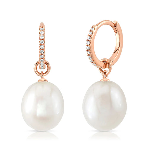 14K Gold Cultured Pearl & Diamond Huggie Drop Earrings - Queen May