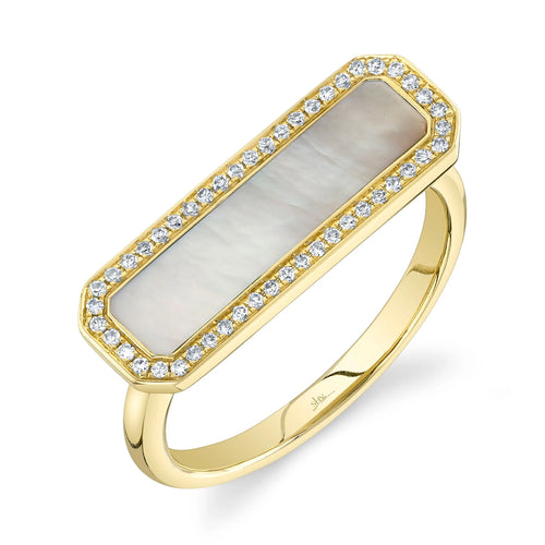 14K Yellow Gold Mother of Pearl Diamond Bar Ring - Queen May
