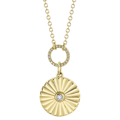 14K Gold 0.10 Carat Diamond Fluted Circle Pendant Necklace - Queen May
