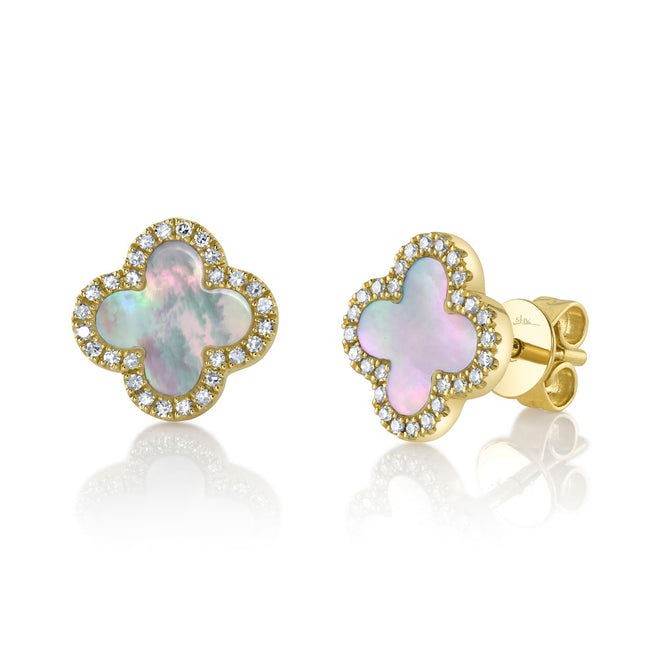 14K Yellow Gold Mother of Pearl Diamond Clover Stud Earrings - Queen May