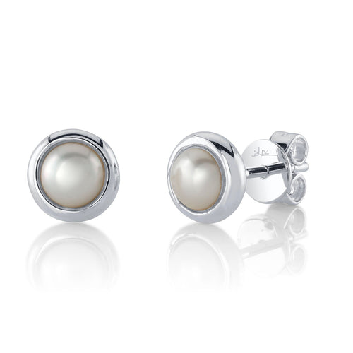 14K Gold Cultured Pearl Bezel Stud Earrings - Queen May