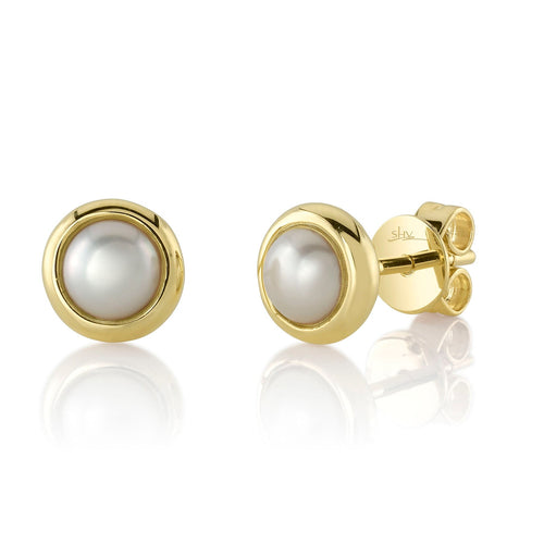 14K Gold Cultured Pearl Bezel Stud Earrings - Queen May