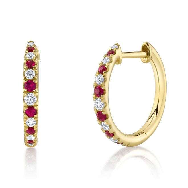14K Gold Ruby Diamond Hoop Earrings - Queen May