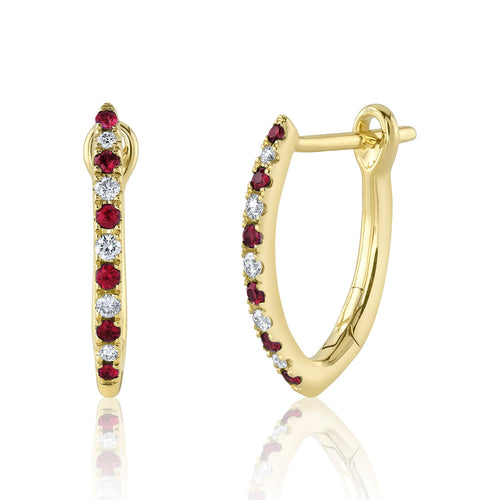 14K Yellow Gold Ruby Diamond Hoop Earrings - Queen May