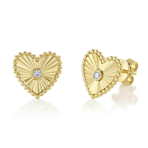 14K Gold Diamond Fluted Heart Stud Earrings - Queen May