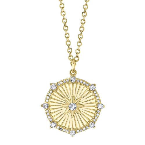 14K Gold Diamond North Star Medallion Pendant Necklace