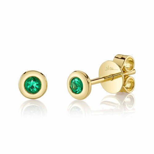 14K Gold 0.08 Carat Round Emerald Bezel Stud Earrings - Queen May