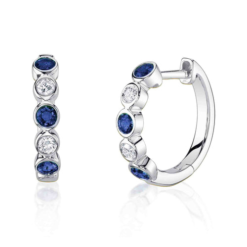 14K Gold Round Sapphire Diamond Bezel Huggie Earrings - Queen May