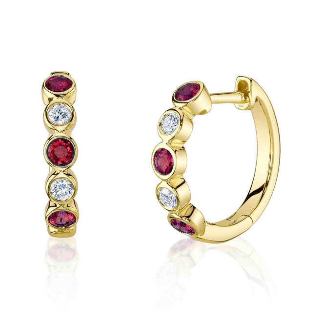 14K Gold Round Ruby Diamond Bezel Huggie Earrings - Queen May