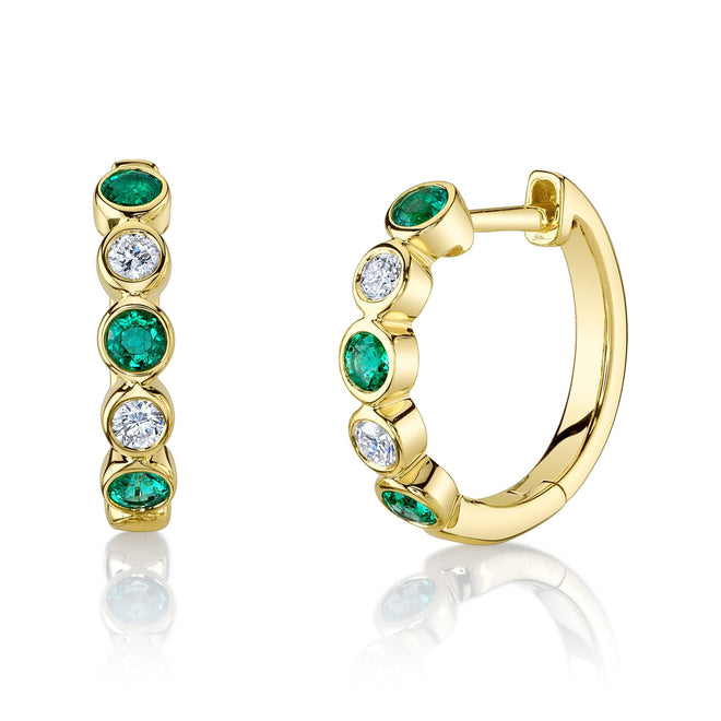 14K Gold Round Emerald Diamond Bezel Huggie Earrings - Queen May