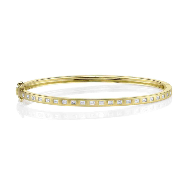 14K Yellow Gold 0.40 Carat Diamond Baguette Brushed Matte Bangle - Queen May