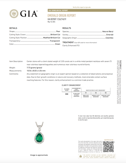 Platinum 2.05 Carat Pear Colombian Emerald Diamond Halo Pendant Necklace - Queen May