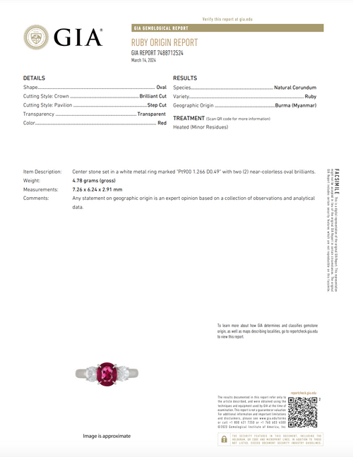 Platinum 1.26 Carat Oval Burma Ruby Diamond Three Stone Ring - Queen May