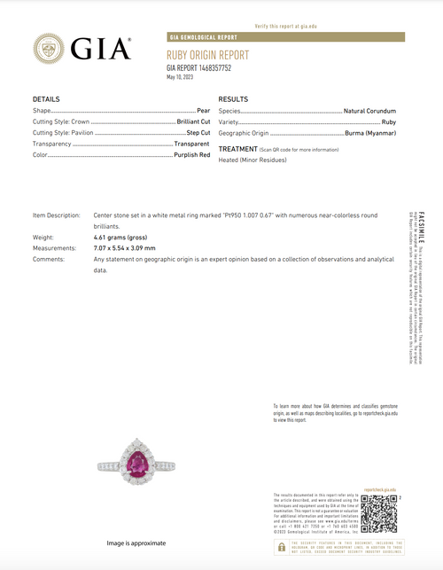 Platinum 1 Carat Pear Burma Ruby Diamond Halo Ring - Queen May