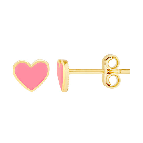 14K Yellow Gold Pink Enamel Heart Baby Stud Earrings - Queen May