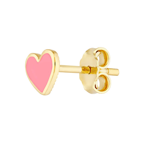 14K Yellow Gold Pink Enamel Heart Baby Stud Earrings - Queen May