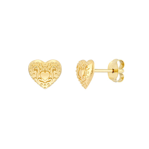 14K Yellow Gold Heart Pattern Stud Earrings - Queen May