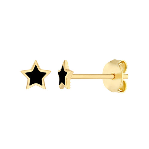 14K Yellow Gold Black Enamel Star Stud Earrings - Queen May