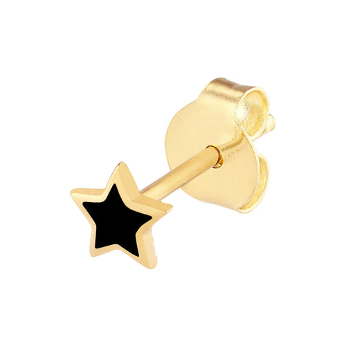 14K Yellow Gold Black Enamel Star Stud Earrings - Queen May