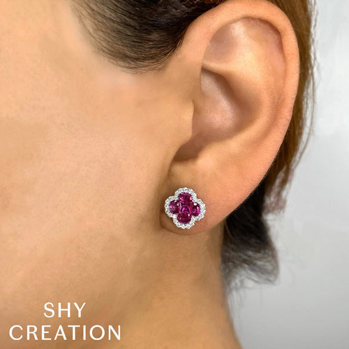 14K White Gold Ruby Diamond Clover Stud Earrings - Queen May