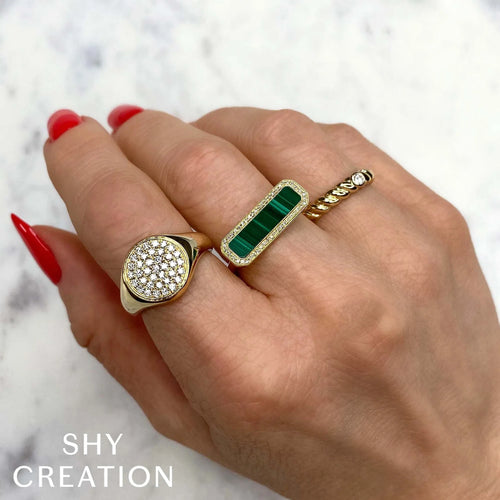 14K Yellow Gold Malachite Diamond Bar Ring - Queen May