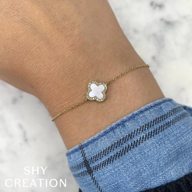 14K Yellow Gold Mother of Pearl Diamond Clover Bracelet - Queen May