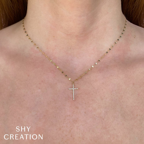 14K Gold Diamond Cross Pendant Tinsel Necklace - Queen May