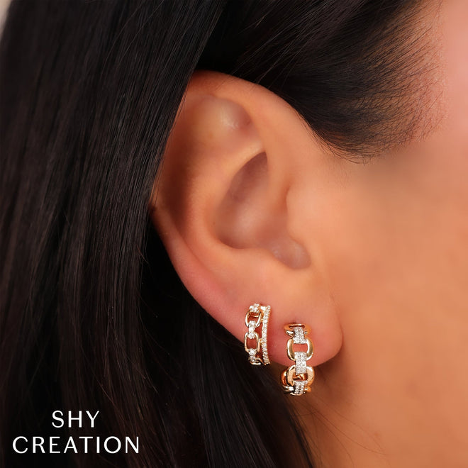 14K Gold 0.13 Carat Diamond Link Huggie Earrings - Queen May