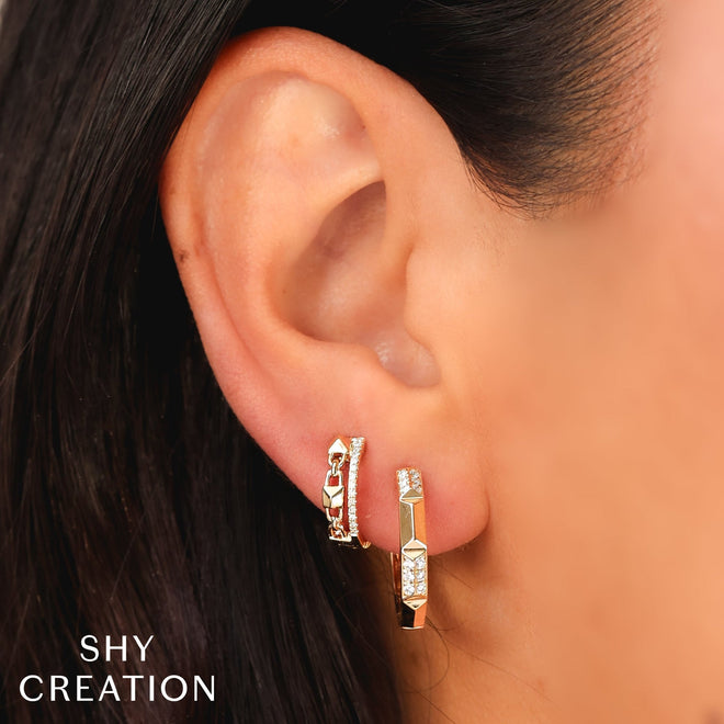 14K Yellow Gold Diamond Geometric Hoop Earrings