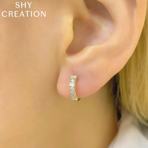 14K Yellow Gold Diamond Baguette Huggie Earrings - Queen May