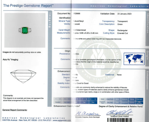 3.55 Carat Natural Zambian Emerald & Trapezoid Diamond Three Stone Ring - Queen May