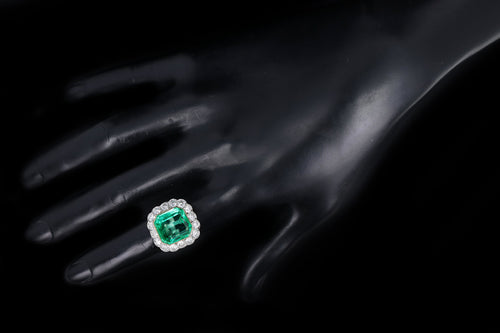 Art Deco Inspired 9.36 Carat Natural Colombian Emerald & Diamond Halo Ring - Queen May
