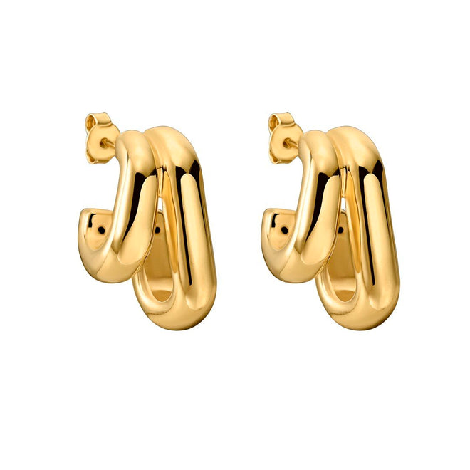14K Yellow Gold Double Rectangle Post Hollow Hoop Earrings - Queen May