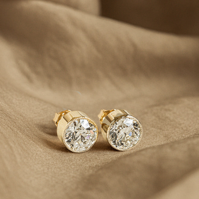 18K Yellow Gold 3.25 Carat Total Weight Old European Diamond Bezel Stud Earrings GIA Certified - Queen May