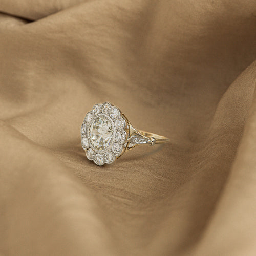 2.13 Carat Old European Diamond Cluster Ring in 18K Yellow Gold Platinum GIA Certified - Queen May