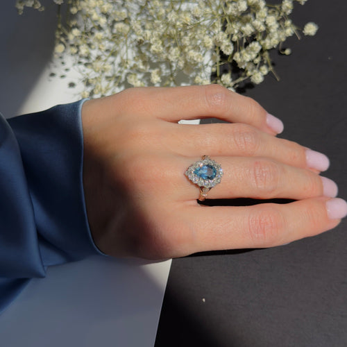 Art Deco Inspired 1.11 Carat Pear Aquamarine Diamond Halo Ring - Queen May