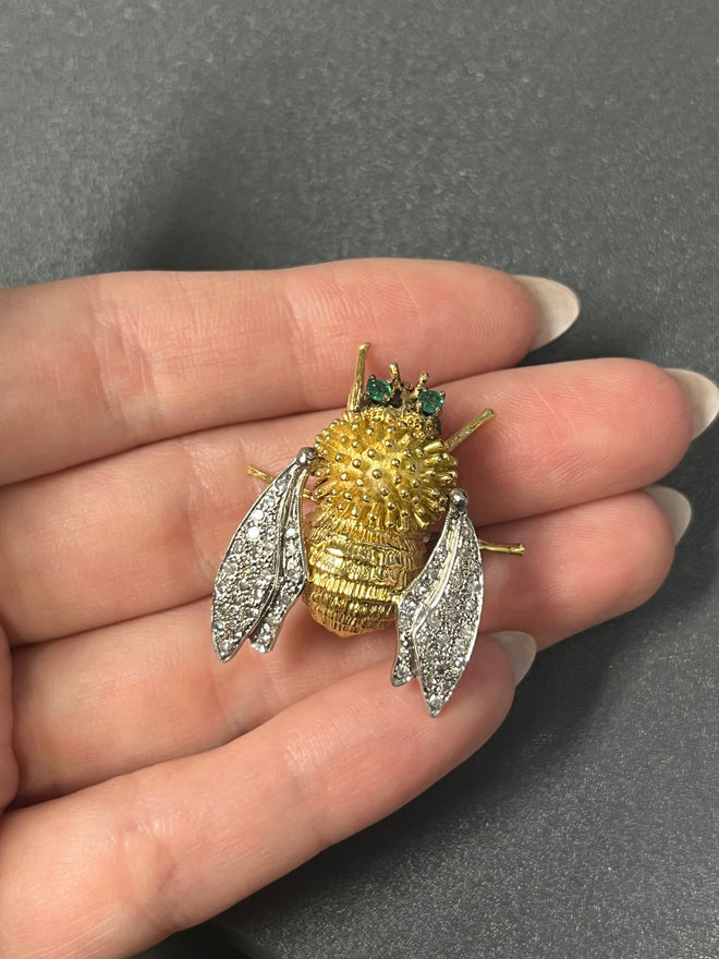 18K Yellow Gold Diamond Natural Emerald Bumble Bee Brooch - Queen May