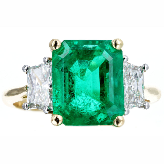 4.47 Carat Natural Colombian Emerald & Trapezoid Diamond Three Stone Ring AGL Certified - Queen May