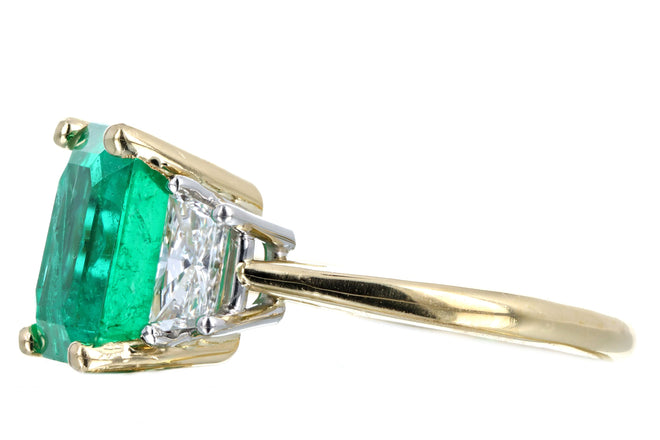 4.47 Carat Natural Colombian Emerald & Trapezoid Diamond Three Stone Ring AGL Certified - Queen May