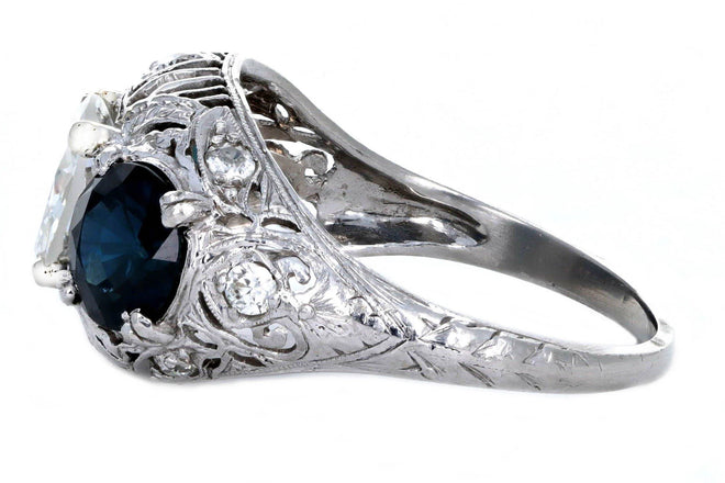 Art Deco 1.47 Carat Old European Diamond Three Stone Sapphire Ring in Platinum GIA Certified - Queen May